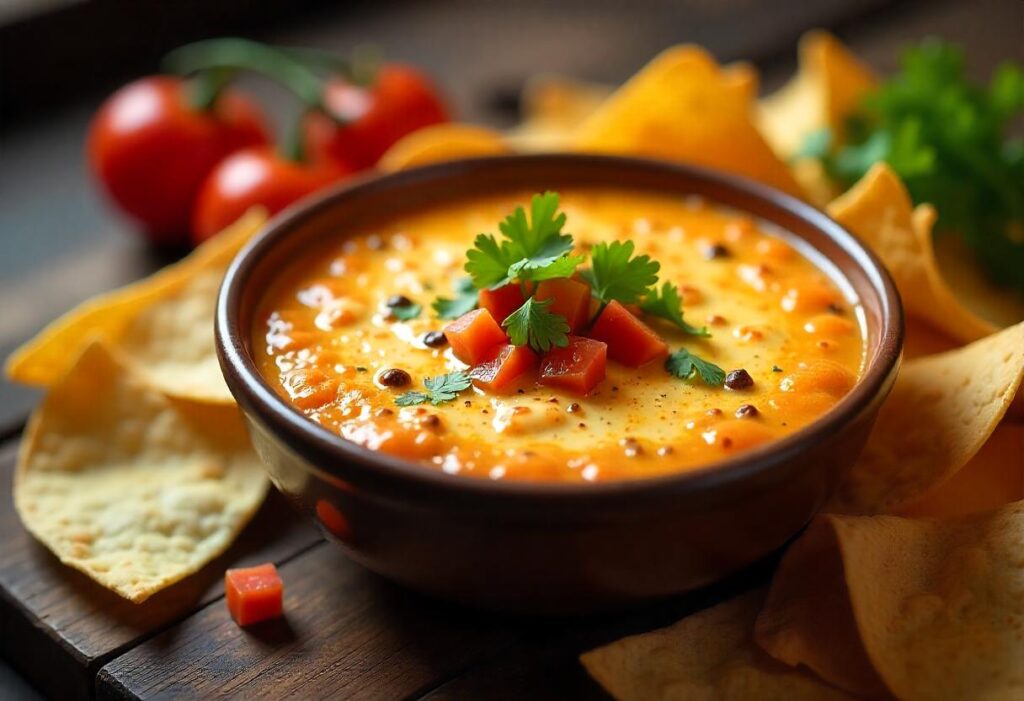 A bowl of creamy smoked queso surrounded by tortilla chips and garnished with jalapeños