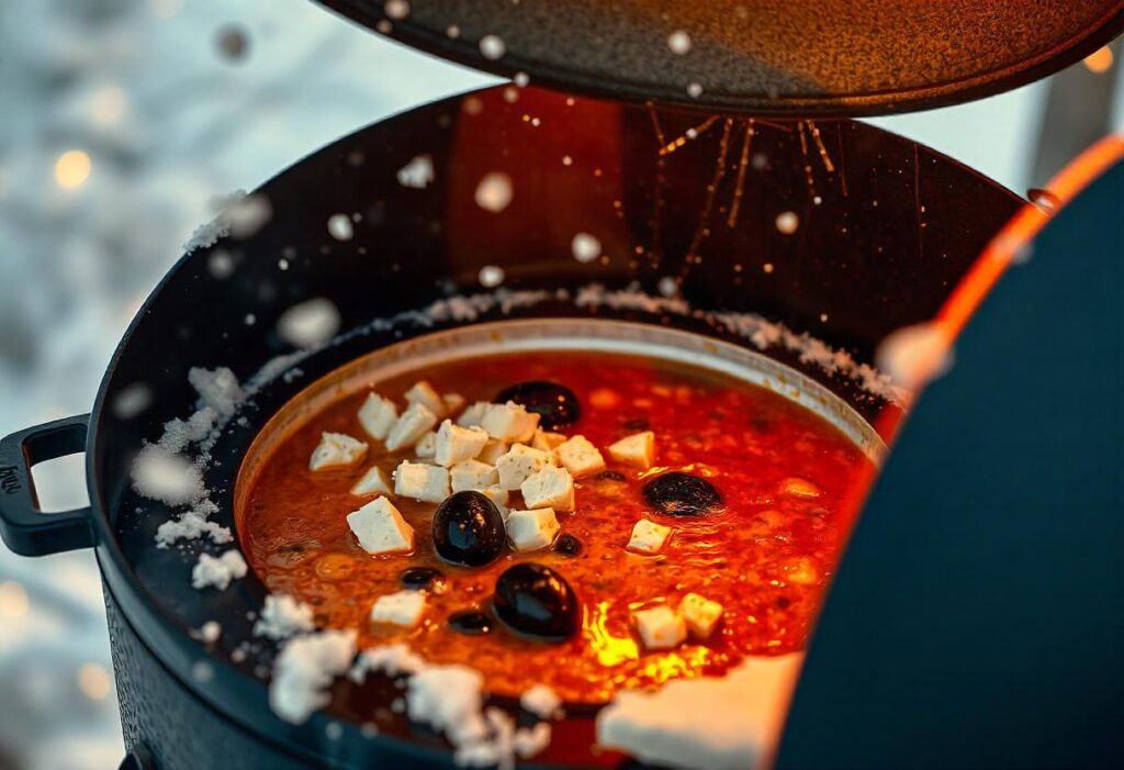 A cast iron skillet filled with queso ingredients inside a smoker, with wood chips creating smoke.