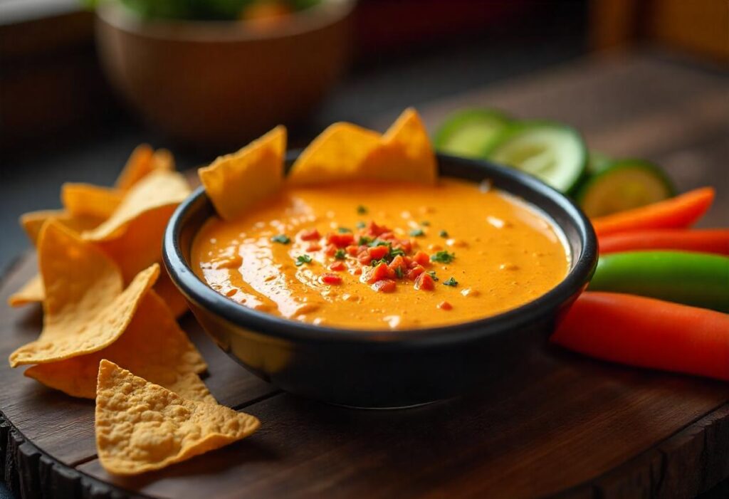 A spread of smoked queso with tortilla chips, veggies, and soft pretzels on a kitchen island