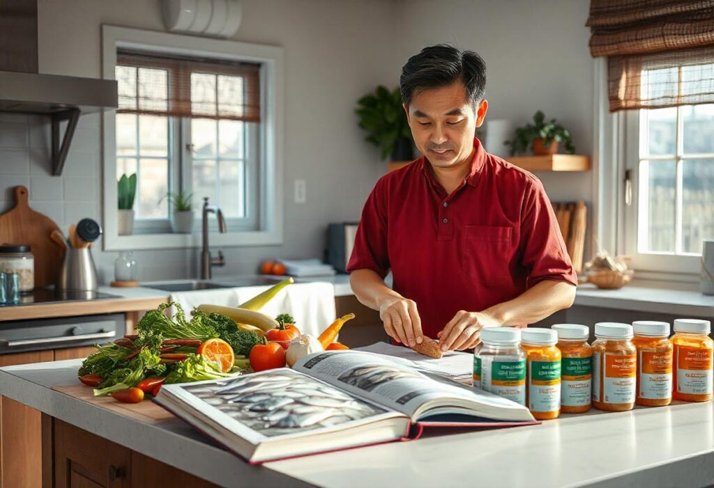 Fresh vegetables and spirulina powder on a kitchen counter