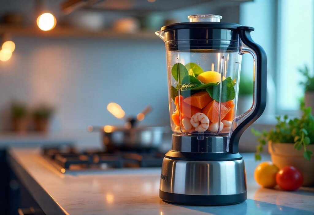 Blender with fresh fish food ingredients in a modern kitchen.
