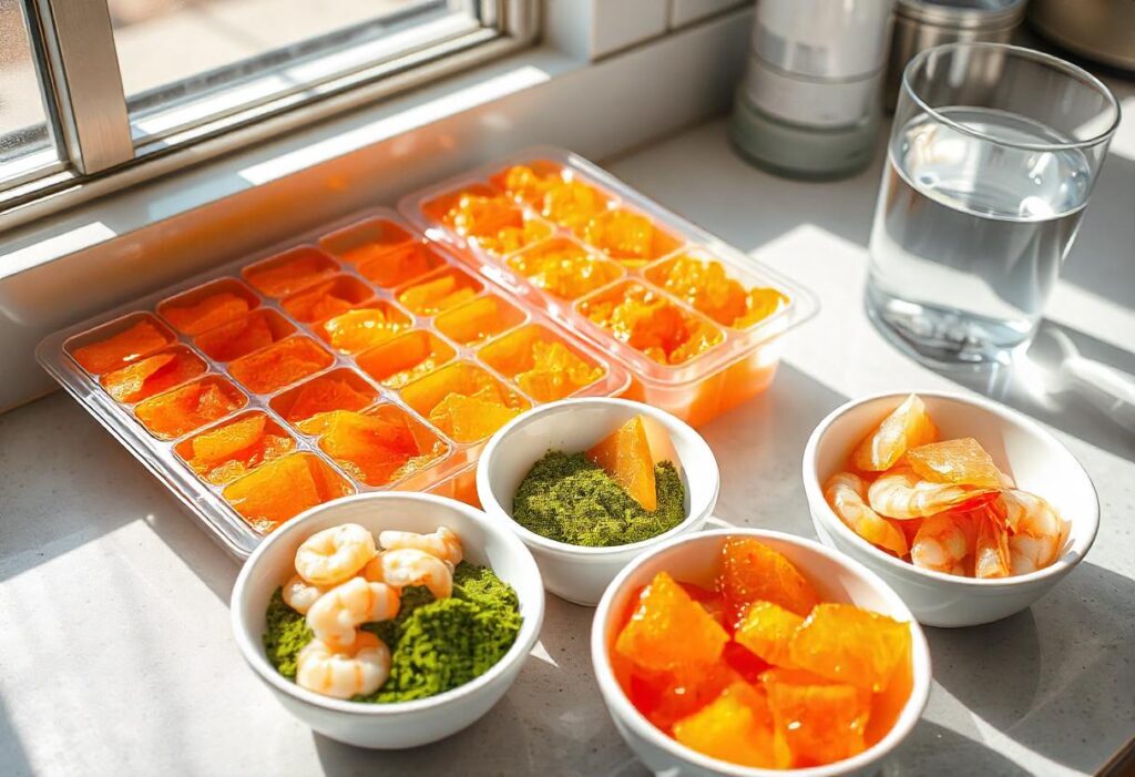 Ice cube trays filled with homemade fish food paste.