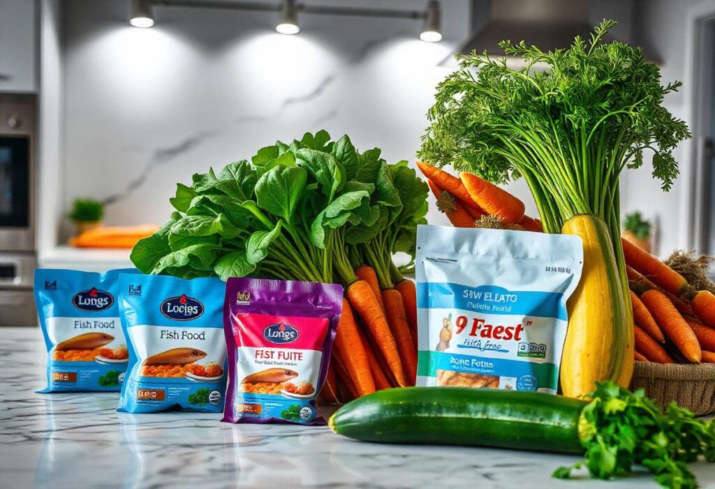  Fresh vegetables and fish food packages on a kitchen counter.