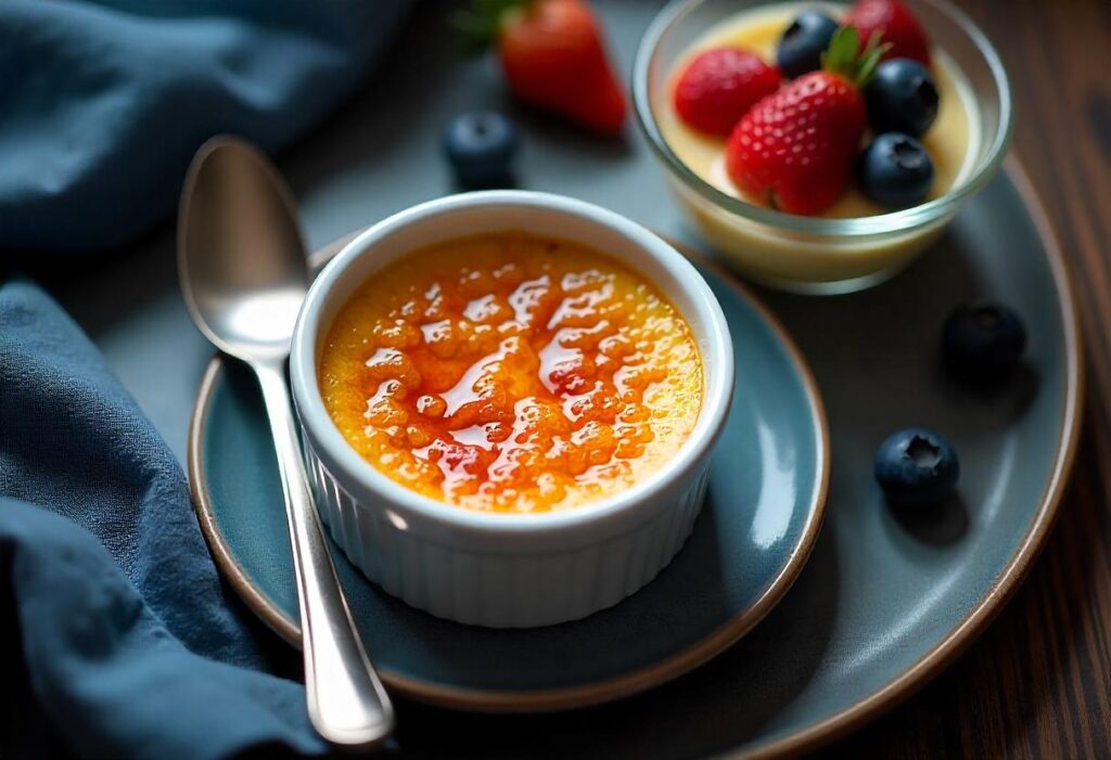 Crème brûlée and custard side by side