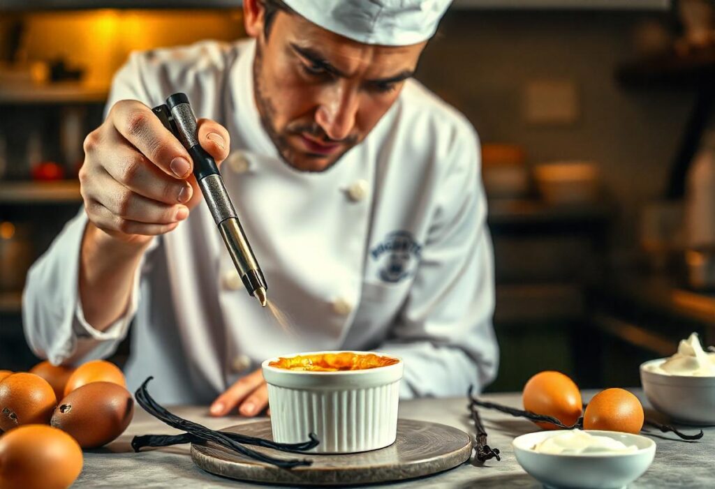 Making crème brûlée with a kitchen torch