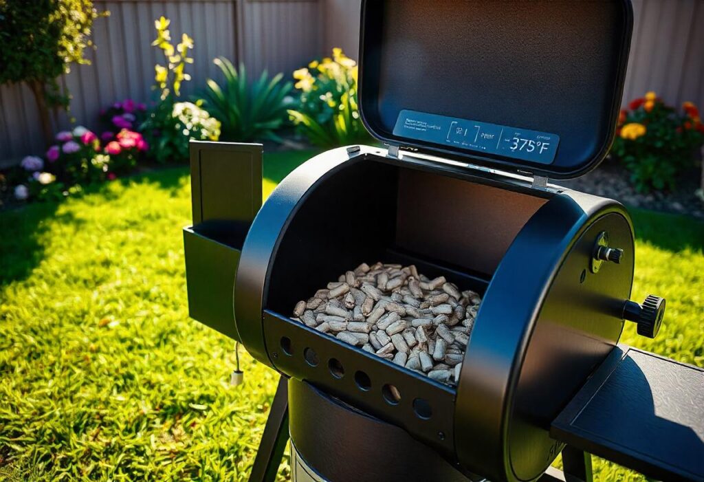 A Traeger grill preheating with wood pellets in the hopper.
