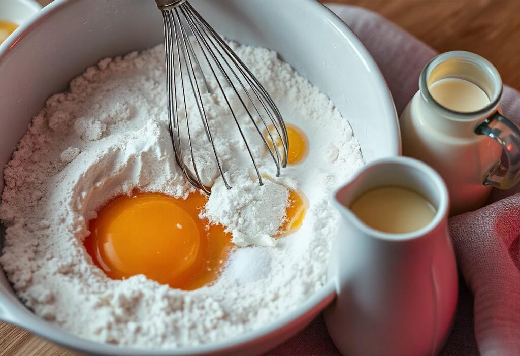 A bowl of pancake mix surrounded by flour, sugar, and baking powder on a wooden kitchen countertop