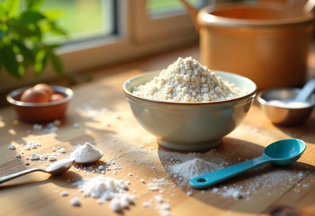 Flour, sugar, salt, and baking powder being measured into separate bowls on a modern kitchen counter