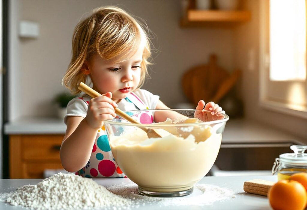 A person whisking pancake batter in a glass bowl in a bright, modern kitchen