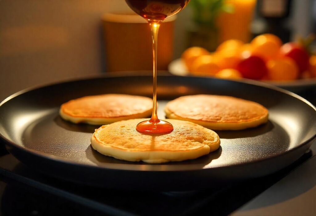 Golden pancakes cooking on a nonstick griddle, with bubbles forming on the surface