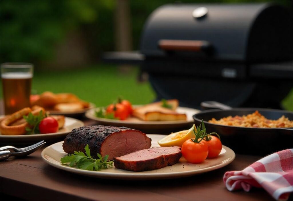 A variety of dishes cooked on a Traeger grill.