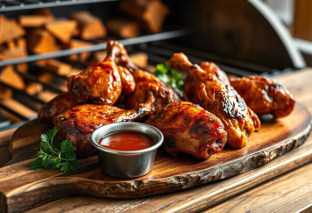 Smoked chicken thighs on a wooden platter with dipping sauce.