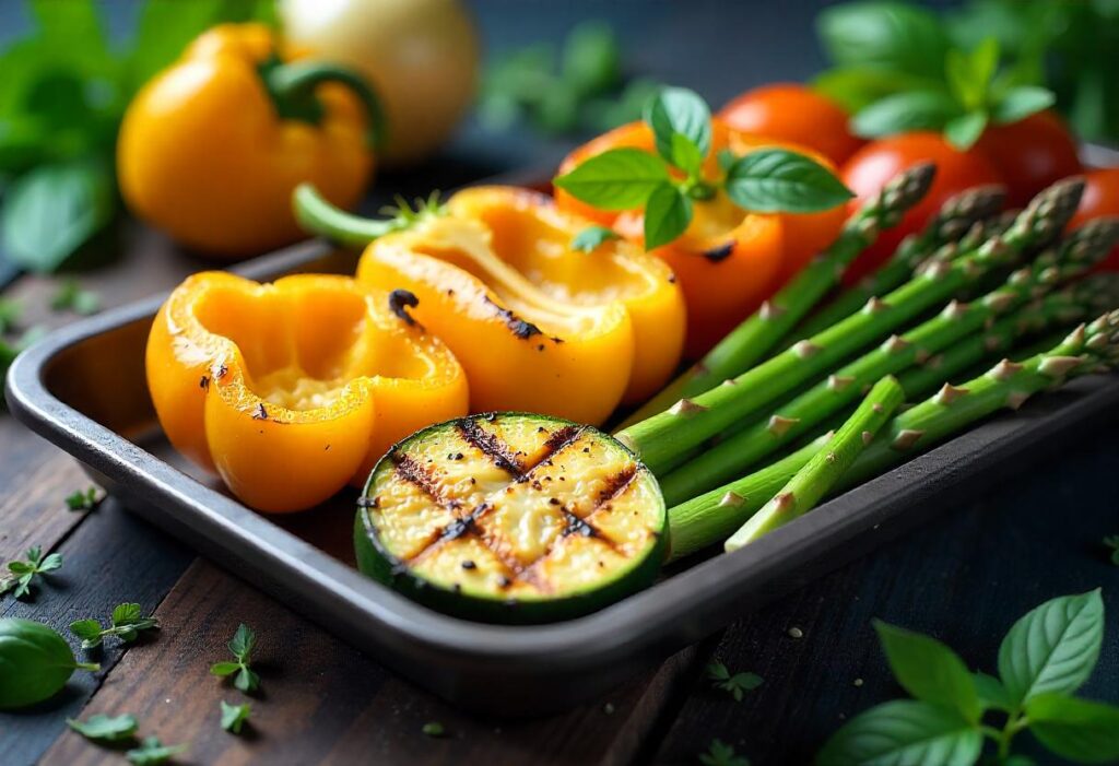 A tray of grilled vegetables, including zucchini, peppers, and asparagus