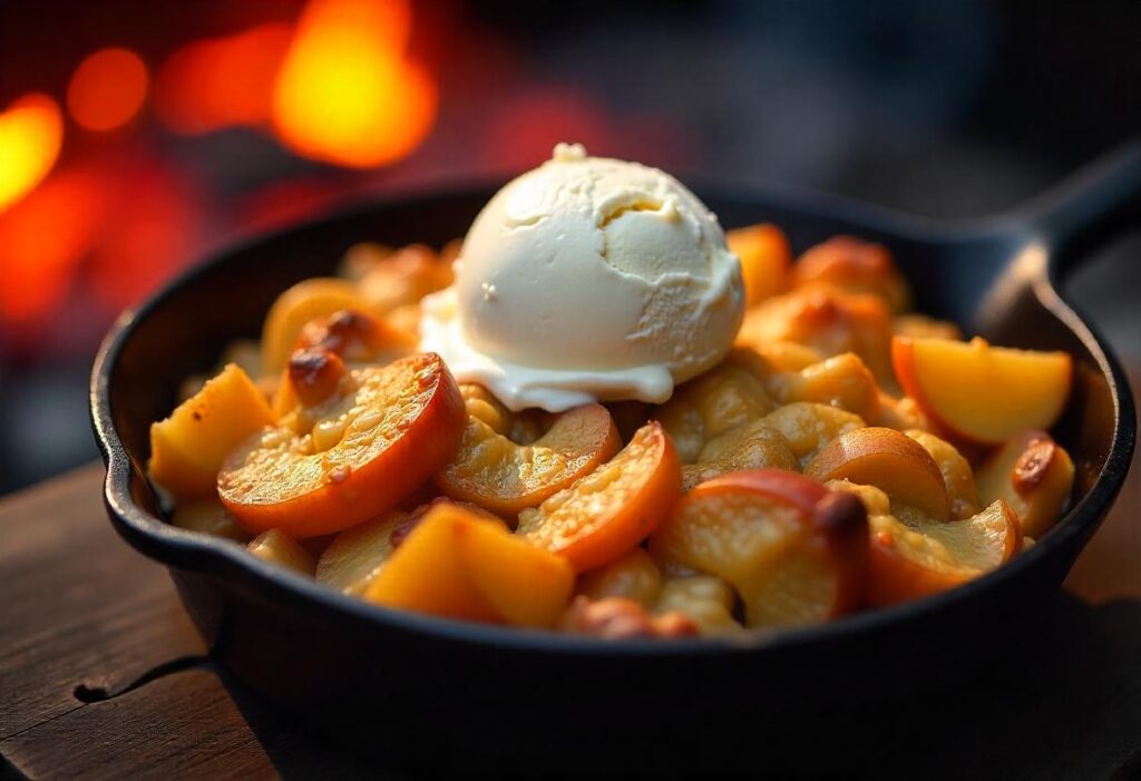 Smoked apple crisp in a cast-iron skillet, topped with vanilla ice cream.