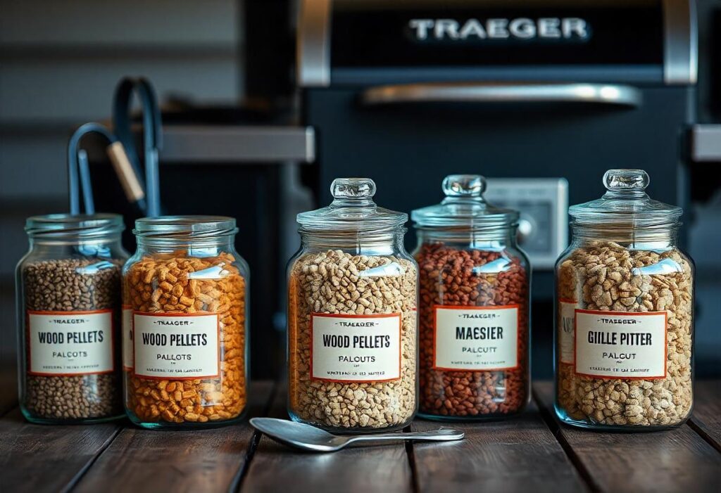 A selection of wood pellets in jars, labeled with different flavors