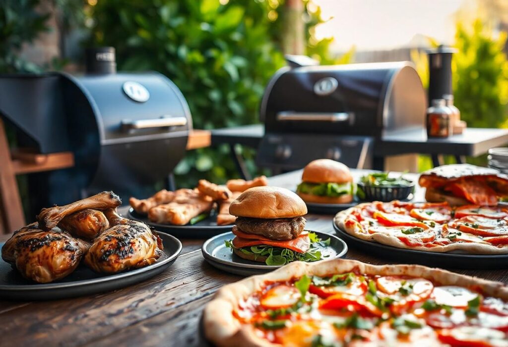 A Traeger grill with various dishes displayed outdoors