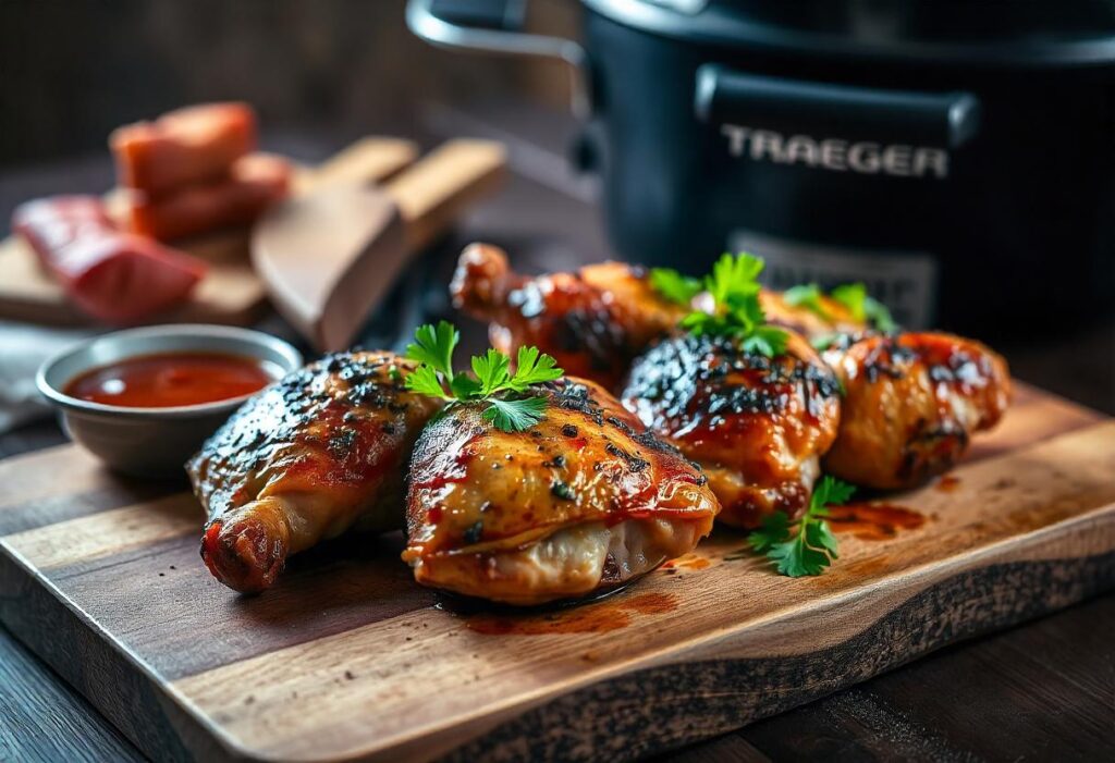 Smoked chicken thighs on a wooden cutting board garnished with herbs.