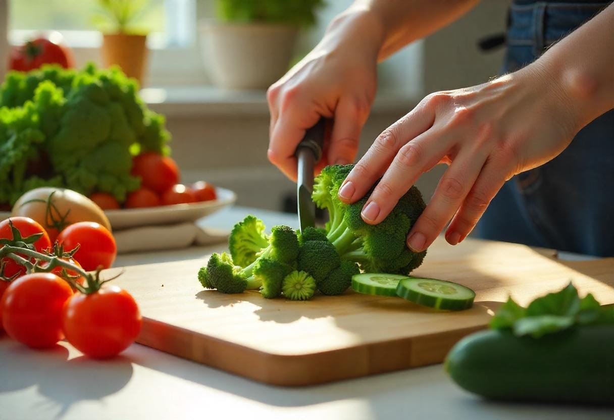 A head of fresh broccoli on a wooden cutting board, with a knife and vibrant salad ingredients in the background.