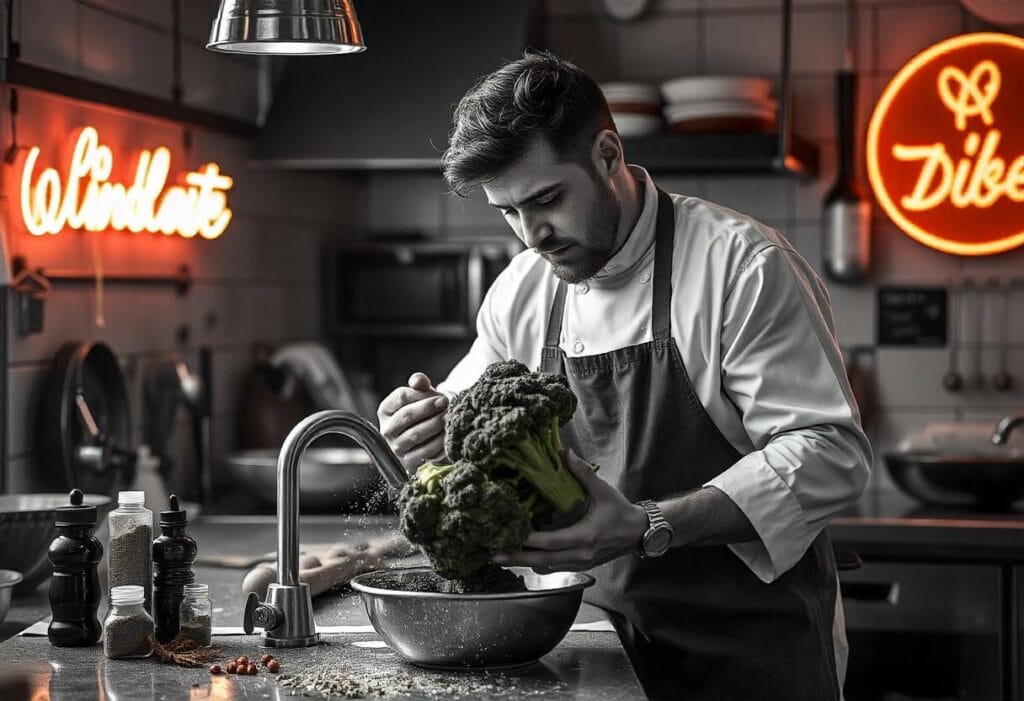 Washing Fresh Broccoli for Salad Broccoli florets being rinsed under cold water in a modern kitchen sink.