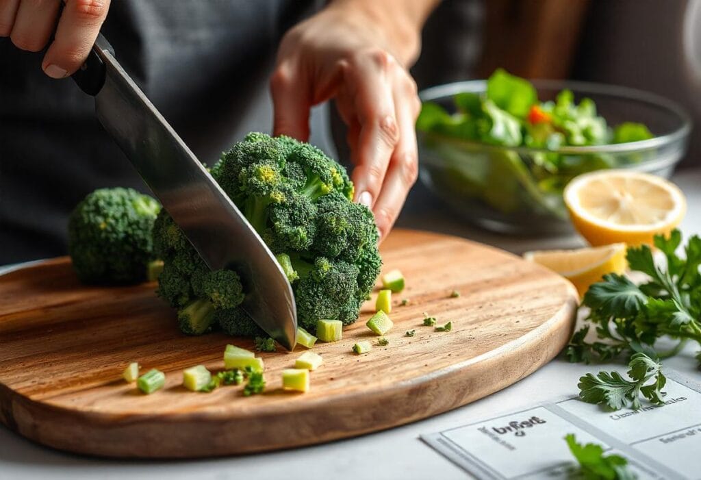 Step-by-Step Broccoli Chopping A close-up of hands cutting broccoli florets into small, even pieces on a cutting board.