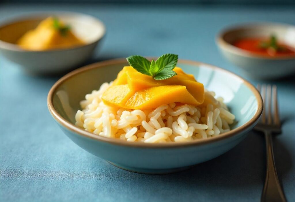 A close-up of mango sticky rice with slices of ripe mango and a drizzle of coconut milk on a white plate.