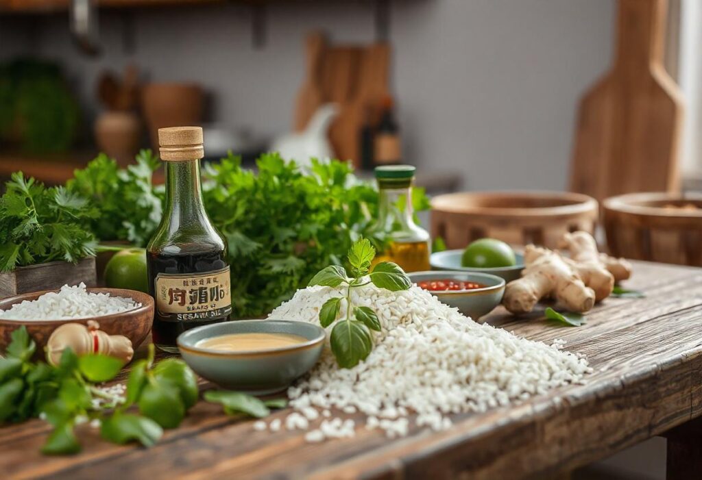 A vibrant spread of popular Asian ingredients, including soy sauce, rice, ginger, and fresh vegetables, arranged on a wooden table