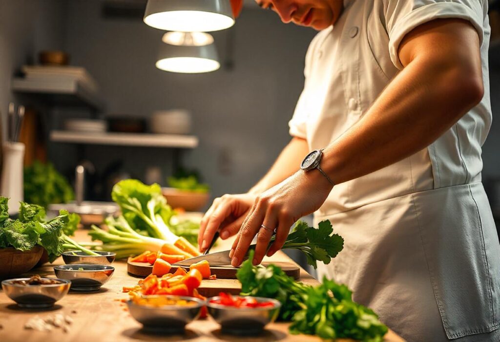 A modern kitchen counter with a chef chopping scallions, ginger, and chilies next to small bowls of sauces.