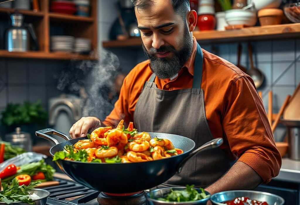 A chef stir-frying vegetables and chicken in a wok on a high flame in a sleek, modern kitchen.