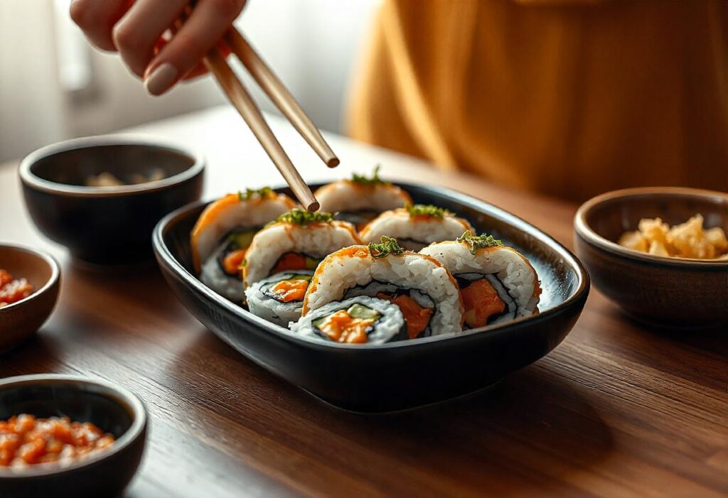 A close-up of hands rolling sushi on a bamboo mat in a brightly lit kitchen.