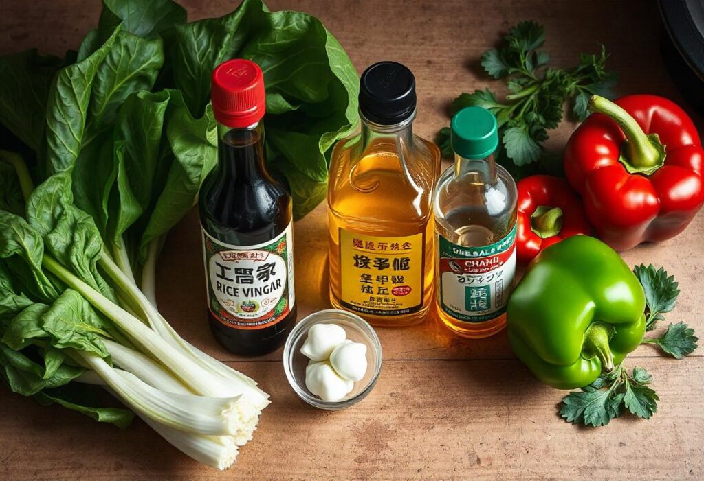 A vibrant assortment of Asian ingredients, including soy sauce, ginger, chilies, and fresh herbs, displayed on a wooden surface.