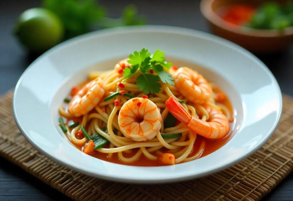 A plate of pad Thai garnished with lime wedges, crushed peanuts, and fresh cilantro, arranged beautifully in a sleek modern kitchen