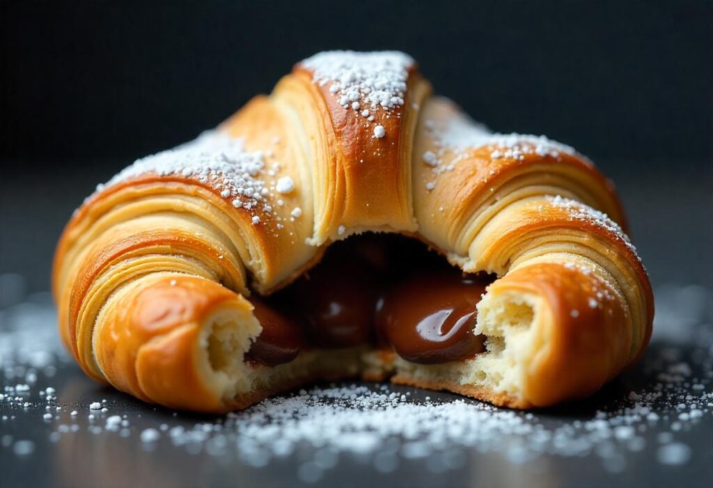 A golden-brown crookie split in half, revealing gooey chocolate filling, served on a white plate.