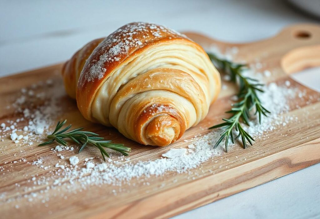 Rolled-out croissant dough on a floured surface with cookie dough balls placed on top