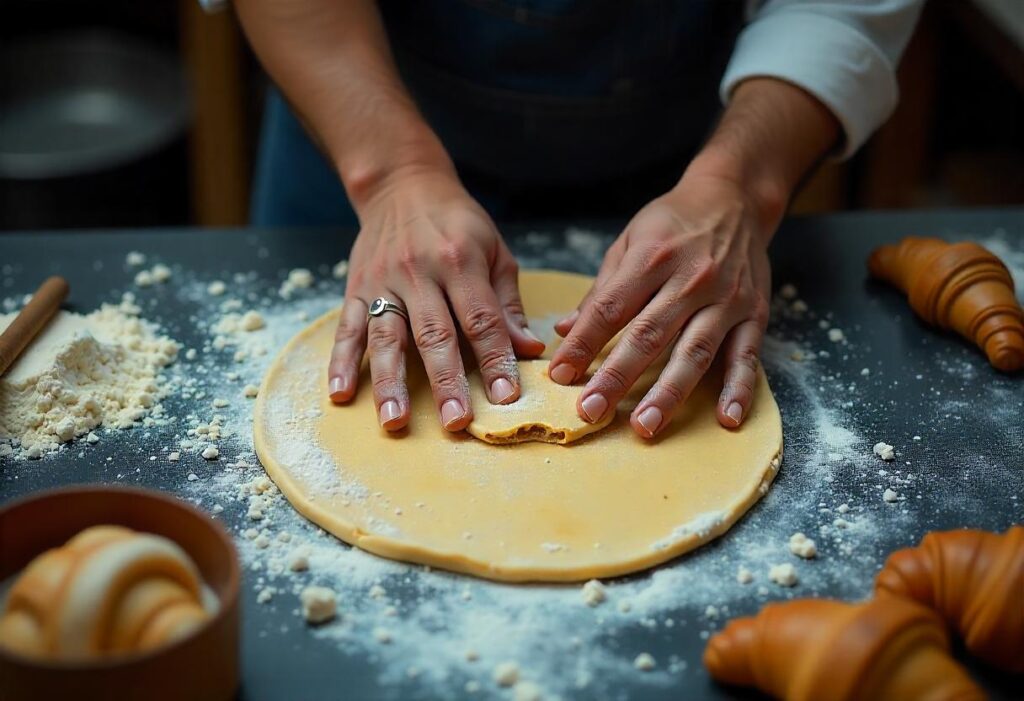 Hands folding croissant dough over a scoop of cookie dough on a parchment-lined tray