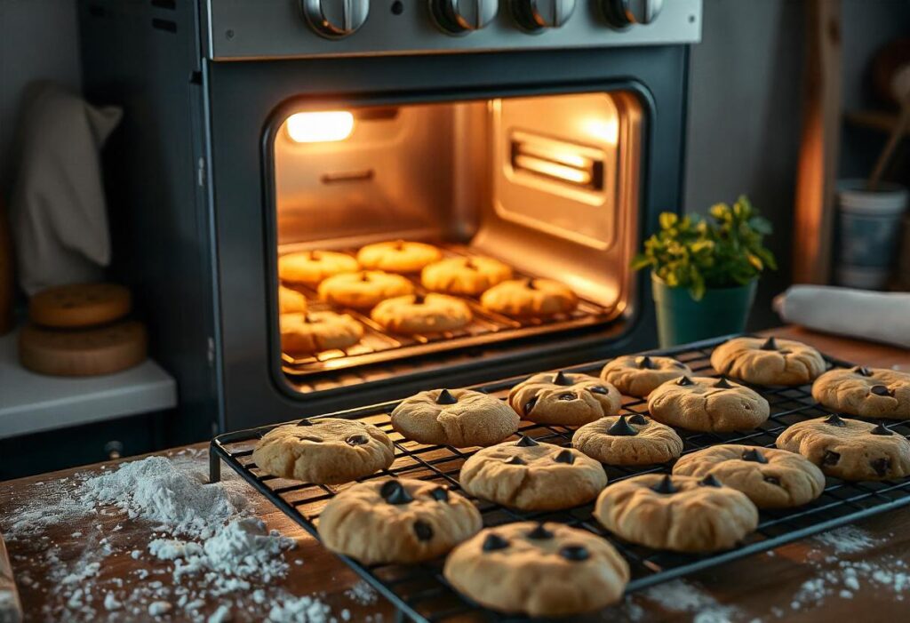 A baking tray of crookies in the oven, golden and puffing up beautifully.