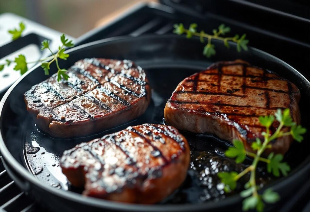 A mix of smoked ribs and grilled vegetables cooked on a wood pellet grill.