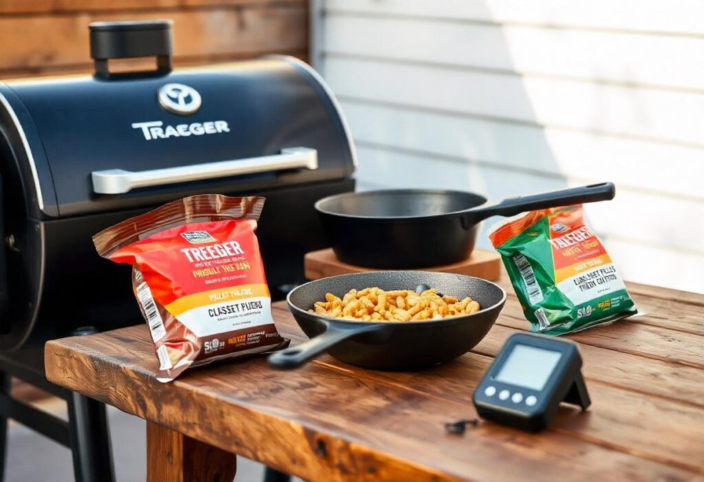 A wood pellet grill in action, cooking a variety of foods outdoors.