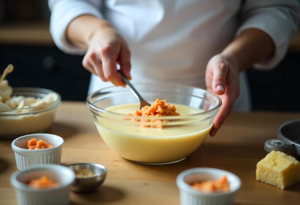 Mixing the Crab Brulee custard ingredients