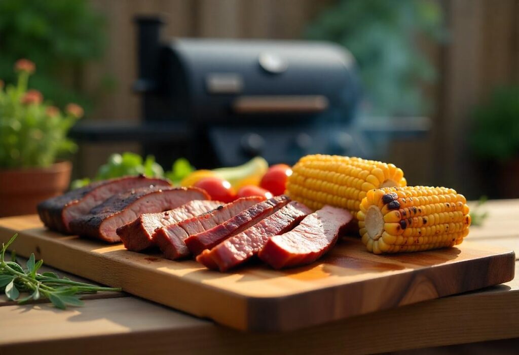 A variety of smoked dishes cooked on a Traeger grill