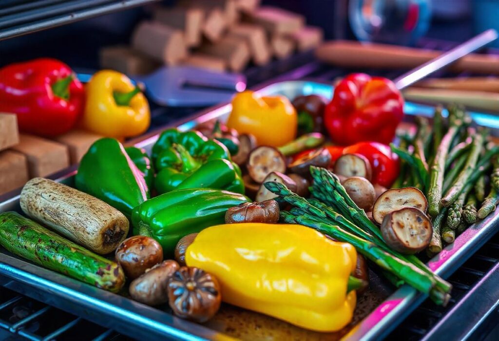 A tray of smoked vegetables including bell peppers, zucchini, and mushrooms.