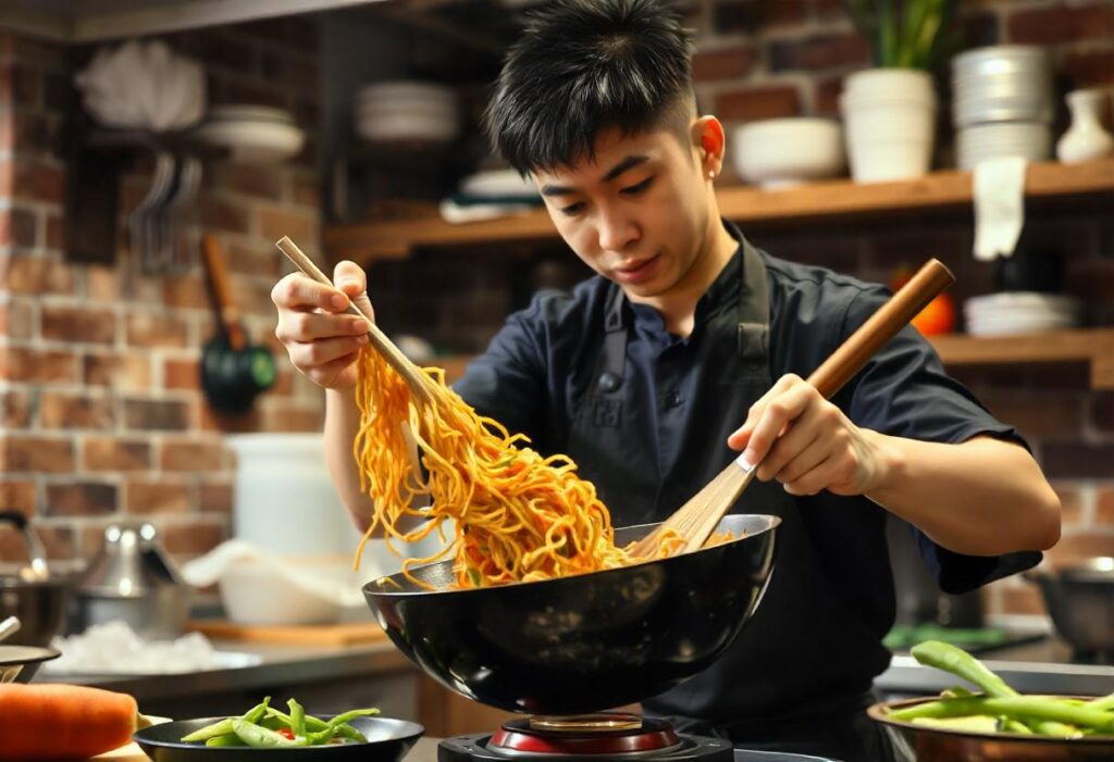 A chef stir-frying noodles in a wok over a flame in a clean and modern kitchen with no visible smoke.