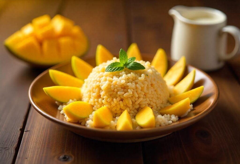 A plate of mango sticky rice with ripe mango slices and coconut milk drizzle, presented in a minimalist kitchen setting.