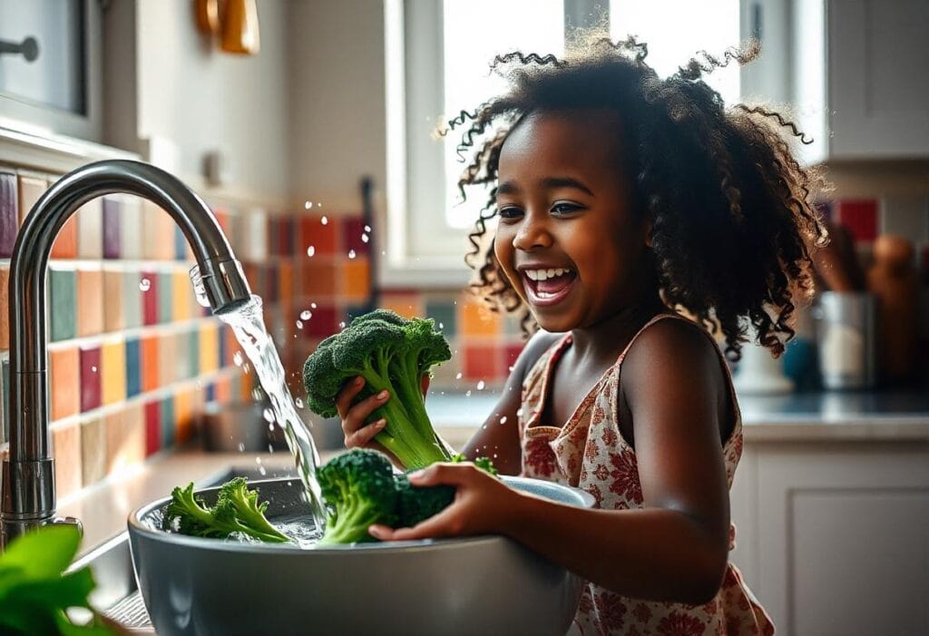 Washing Fresh Broccoli Before Preparation A person holding a fresh head of broccoli under running water in a modern kitchen sink.