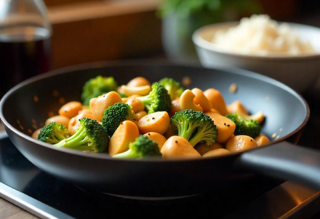 A stir-fry dish being prepared with frozen vegetables and grilled chicken in a modern kitchen.