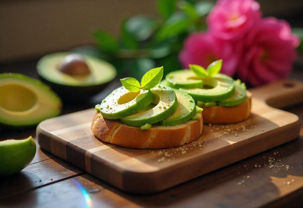 A slice of avocado toast sprinkled with Everything But the Bagel Seasoning on a wooden cutting board.