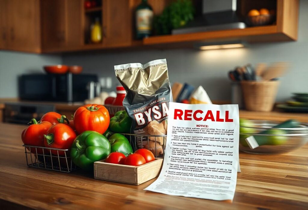 Trader Joe’s shopping bag with groceries and a recall notice placed on a kitchen counter.