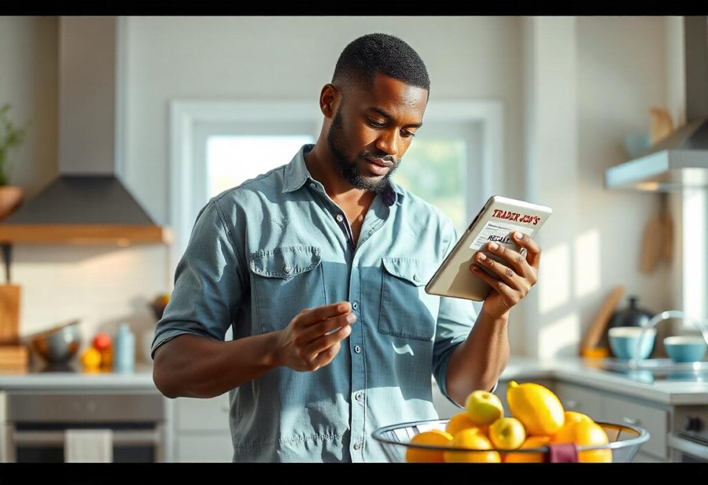 A concerned shopper reading a product recall notice on her laptop in the kitchen.