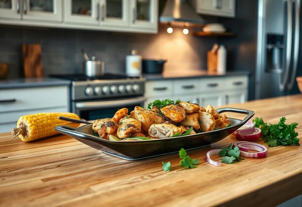 Trader Joe’s Chicken Shawarma pack with fresh vegetables and pita bread on a modern kitchen counter.