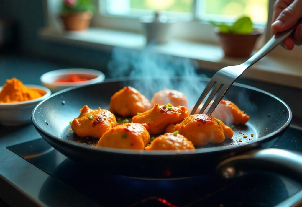 Chicken Shawarma cooking on a stovetop skillet in a bright kitchen.