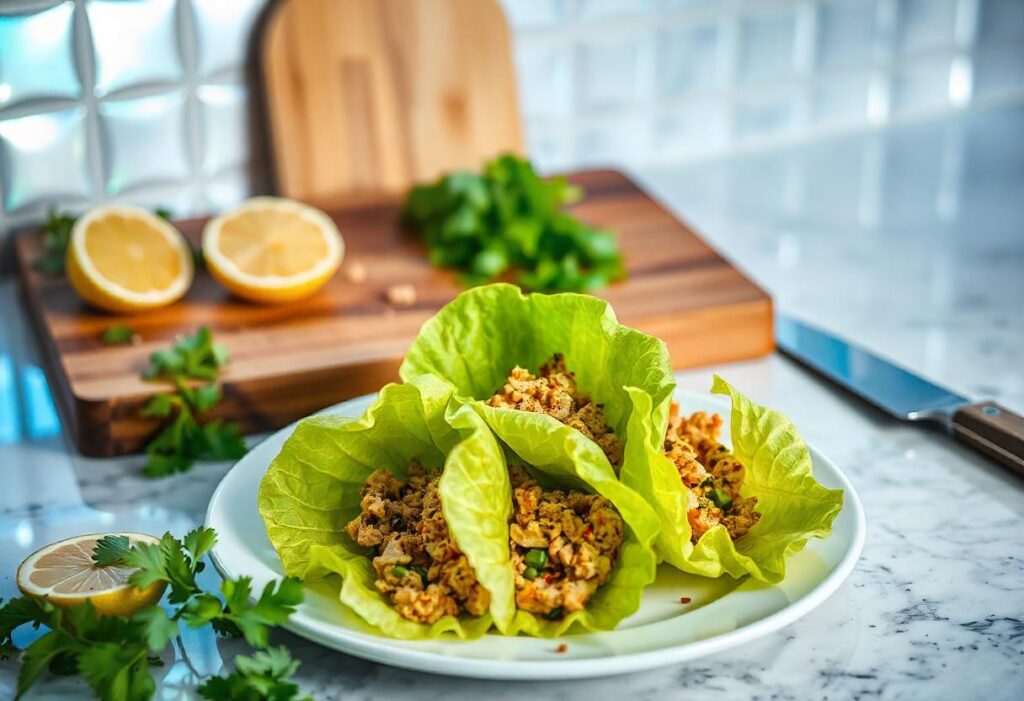 Chicken shawarma lettuce wraps served with tzatziki sauce on a white plate